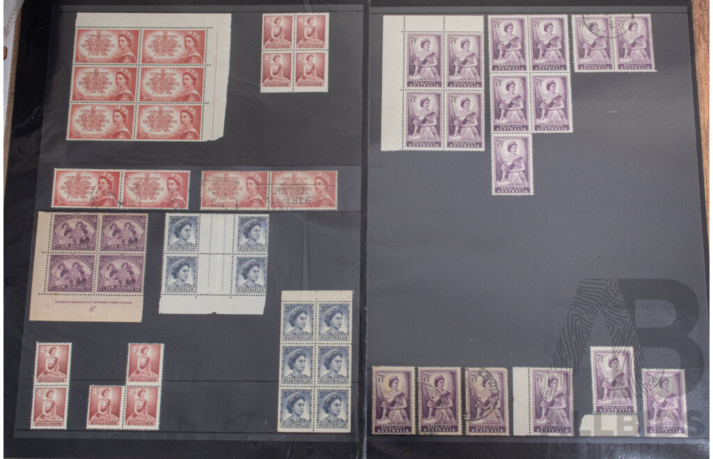 Collection of Australian Early QE2, Mostly Mint Including Blocks, Commonwealth of Australia Print Blocks, Five Cent on Four Cent Booklet