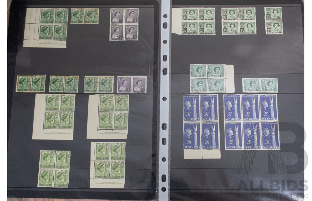 Collection of Australian Early QE2, Mostly Mint Including Blocks, Commonwealth of Australia Print Blocks, Five Cent on Four Cent Booklet