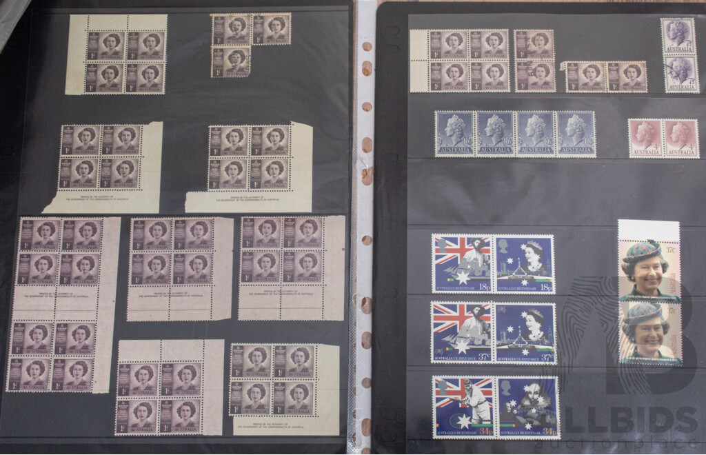 Collection of Australian Early QE2, Mostly Mint Including Blocks, Commonwealth of Australia Print Blocks, Five Cent on Four Cent Booklet