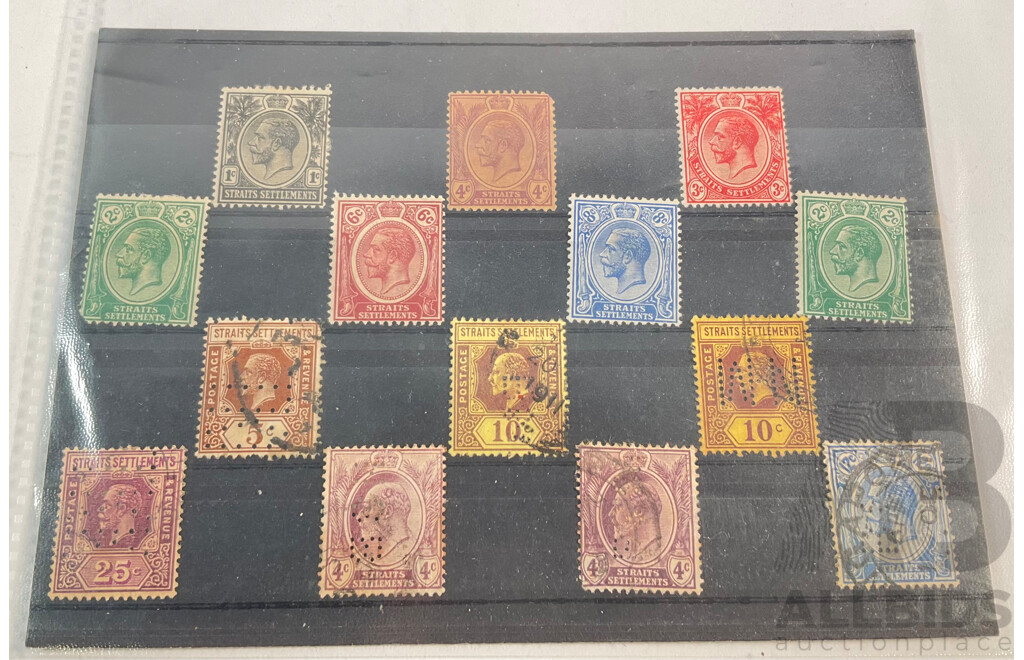 Great Britain Straits Settlements Stamps, KGV, Mint Hinged, Perfins