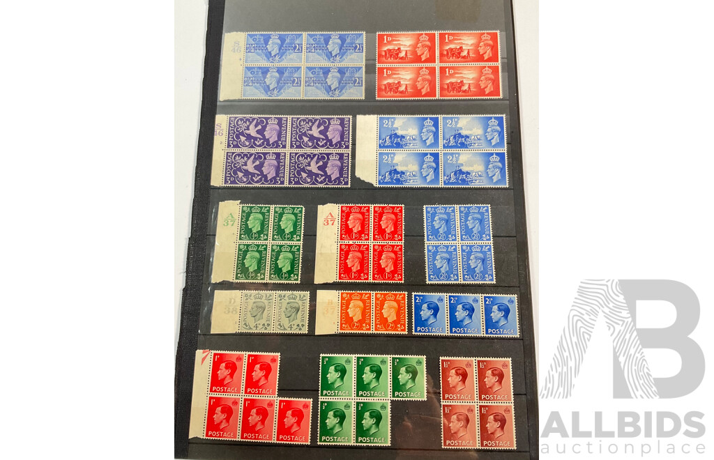 Great Britain Stamps, KEVII to QE2, Blocks, Mint Hinged, Selvage, Control Numbers