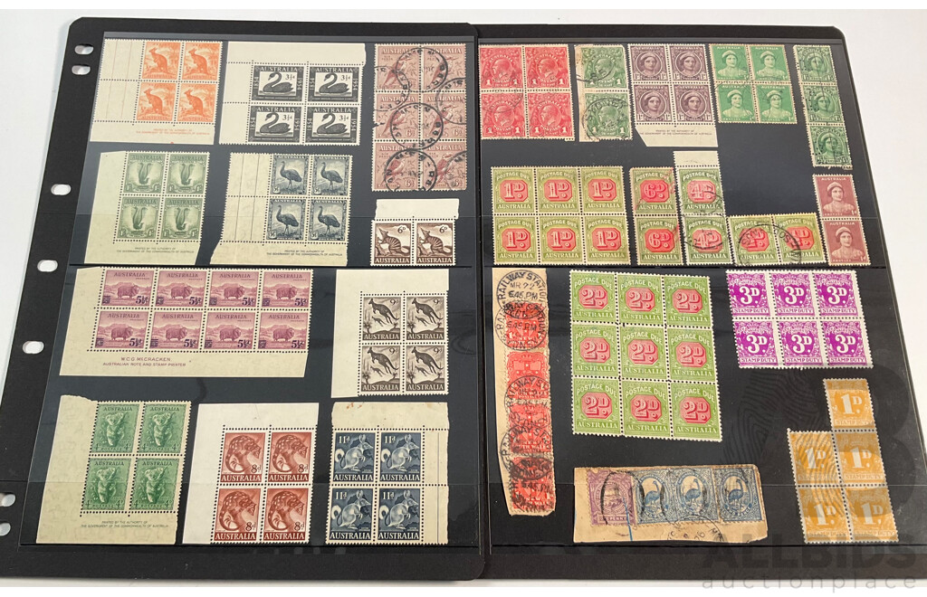 Australian Predecimal Stamp Blocks and Pairs Including Mint Hinged, Overprints, W.C.D Mc Cracken Print, Stamp Duty