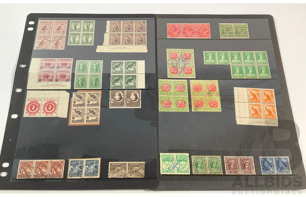Australian Predecimal Stamp Blocks and Pairs Including Mint Hinged, Overprints, W.C.D Mc Cracken Print, Postage Due, Selvage