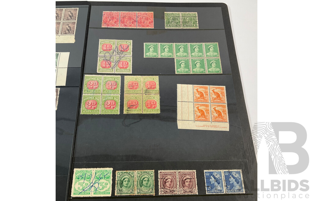 Australian Predecimal Stamp Blocks and Pairs Including Mint Hinged, Overprints, W.C.D Mc Cracken Print, Postage Due, Selvage