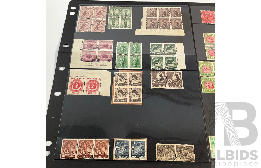 Australian Predecimal Stamp Blocks and Pairs Including Mint Hinged, Overprints, W.C.D Mc Cracken Print, Postage Due, Selvage