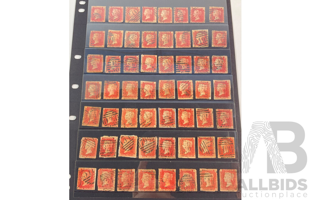 Great Britain 1800's Penny Red Stamp Collection, Various Plates, Includes Six Examples of Imperf Jumbo Margin