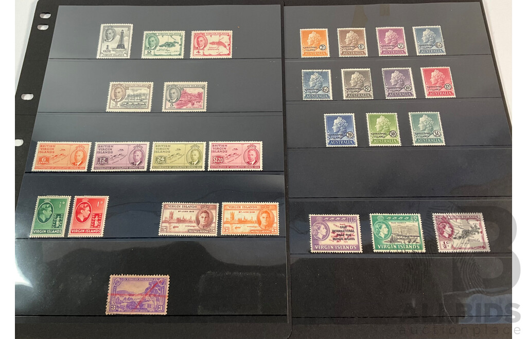 Great Britain/Australia Virgin Island, Christmas Island Stamp Sets, KGVI, QE2, Overprints, Mint Hinged
