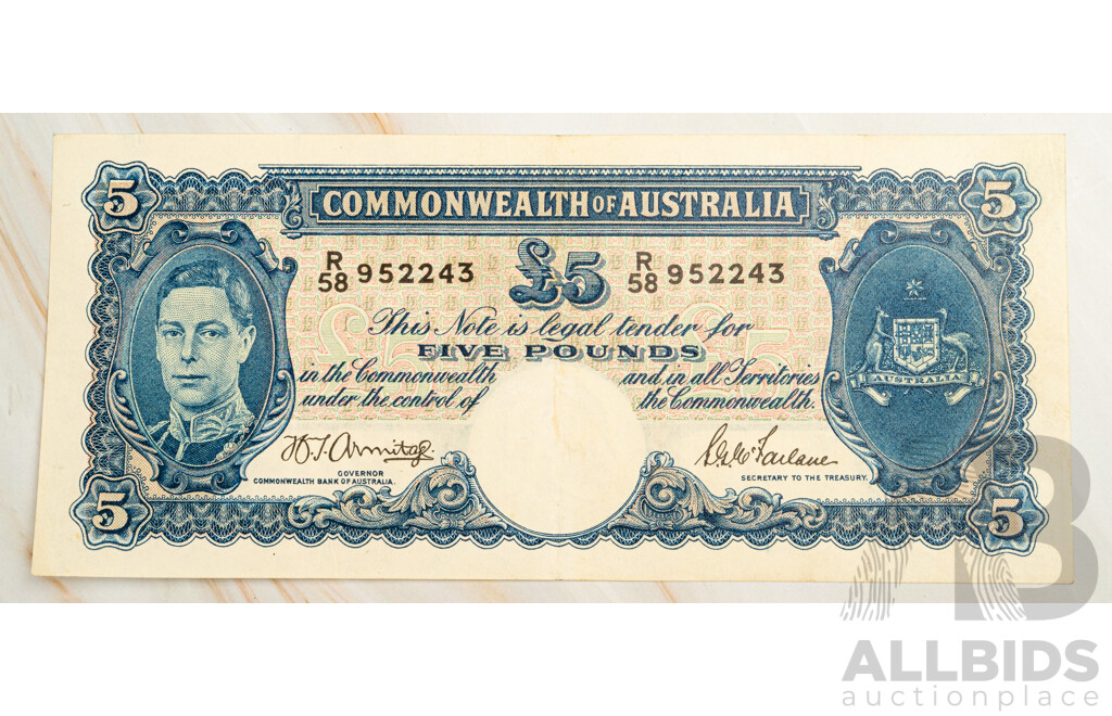 Australian 1941 Five Pound Note, Armitage/McFarlane R46 R58 952243, High Grade