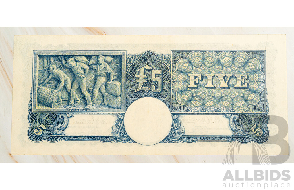 Australian 1941 Five Pound Note, Armitage/McFarlane R46 R58 952243, High Grade