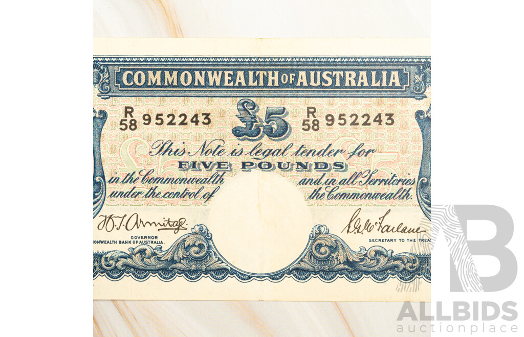 Australian 1941 Five Pound Note, Armitage/McFarlane R46 R58 952243, High Grade