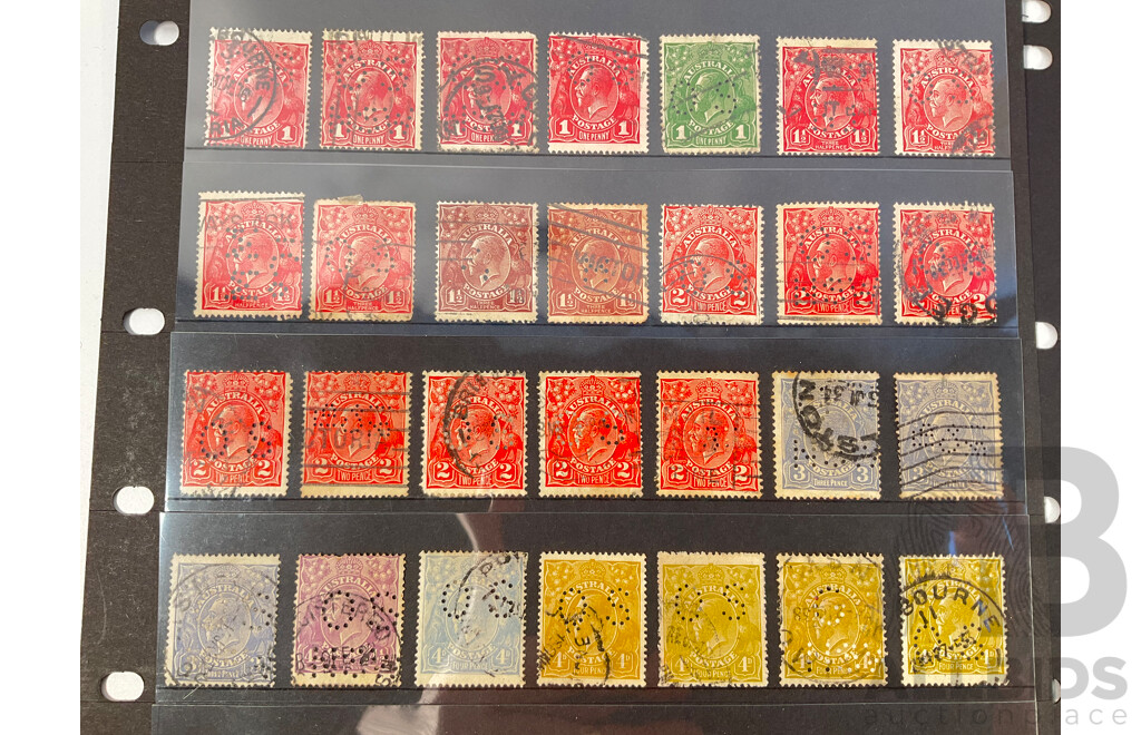 Collection of Australian Predecimal Stamps Including KGV Heads with Inverted Water Mark, Six Crowns C of A, Perfins, Overprints, QV Perfins, KGV Silver Jubilee Set Mint, 1940 Armed Forces Mint Set, 1934 Victoria Centenary Mint Set