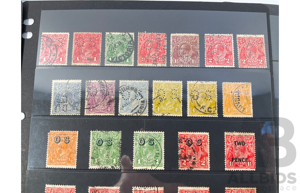 Collection of Australian Predecimal Stamps Including KGV Heads with Inverted Water Mark, Six Crowns C of A, Perfins, Overprints, QV Perfins, KGV Silver Jubilee Set Mint, 1940 Armed Forces Mint Set, 1934 Victoria Centenary Mint Set