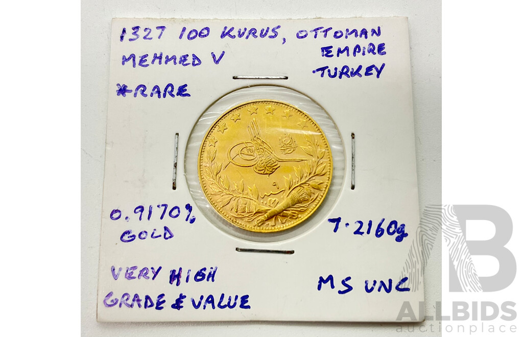 Ottoman Empire/Turkey 1327 Gold One Hundred Kurus Coin, Mehmed V .917