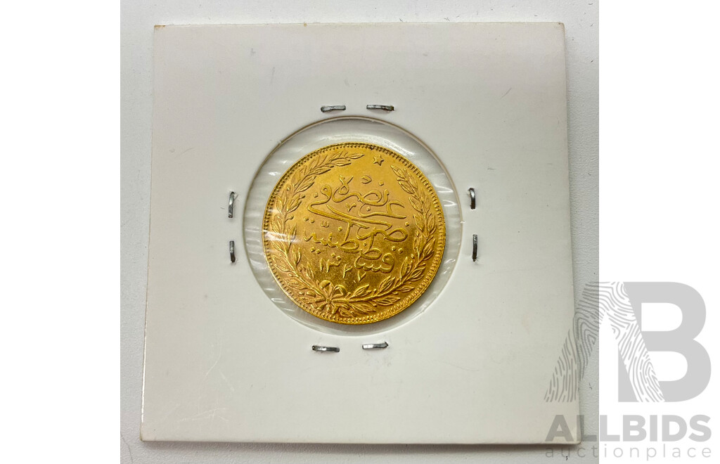 Ottoman Empire/Turkey 1327 Gold One Hundred Kurus Coin, Mehmed V .917