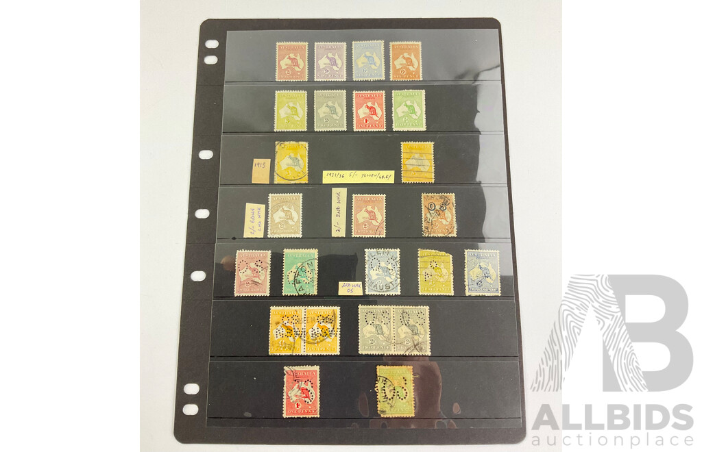 Collection of Australian Kangaroo on Map Stamps, Examples Spanning 1913 to 1936, Half Penny to Two Shillings, Official Service, Yellow/Grey, Various Water Marks