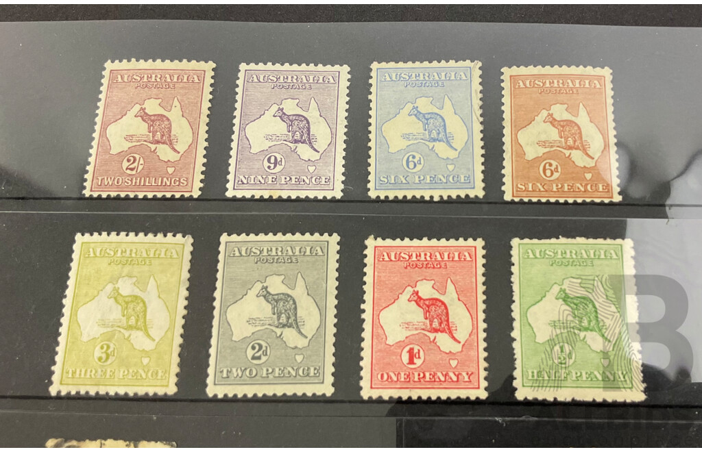 Collection of Australian Kangaroo on Map Stamps, Examples Spanning 1913 to 1936, Half Penny to Two Shillings, Official Service, Yellow/Grey, Various Water Marks