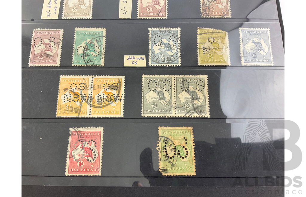Collection of Australian Kangaroo on Map Stamps, Examples Spanning 1913 to 1936, Half Penny to Two Shillings, Official Service, Yellow/Grey, Various Water Marks