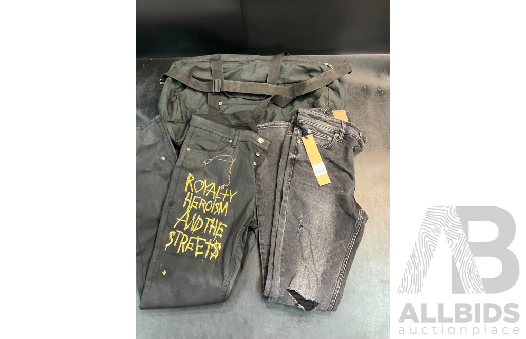 Assorted KSUBI Mens Jeans Size 39 and 36, Duffle Bag, Neckles - Lot of 4