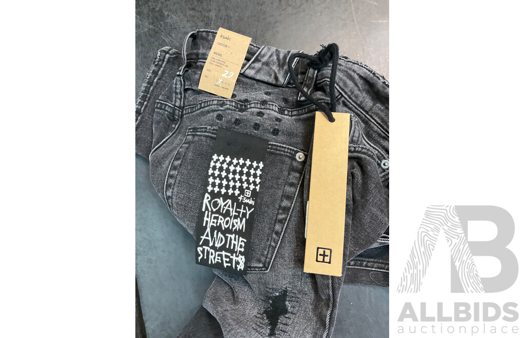 Assorted KSUBI Mens Jeans Size 39 and 36, Duffle Bag, Neckles - Lot of 4