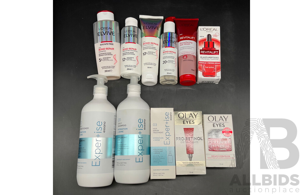 LOREAL PARIS, OLAY EYES and EXPER+ISE ESSANO - Assorted Hair and Beauty Products - Lot of 11