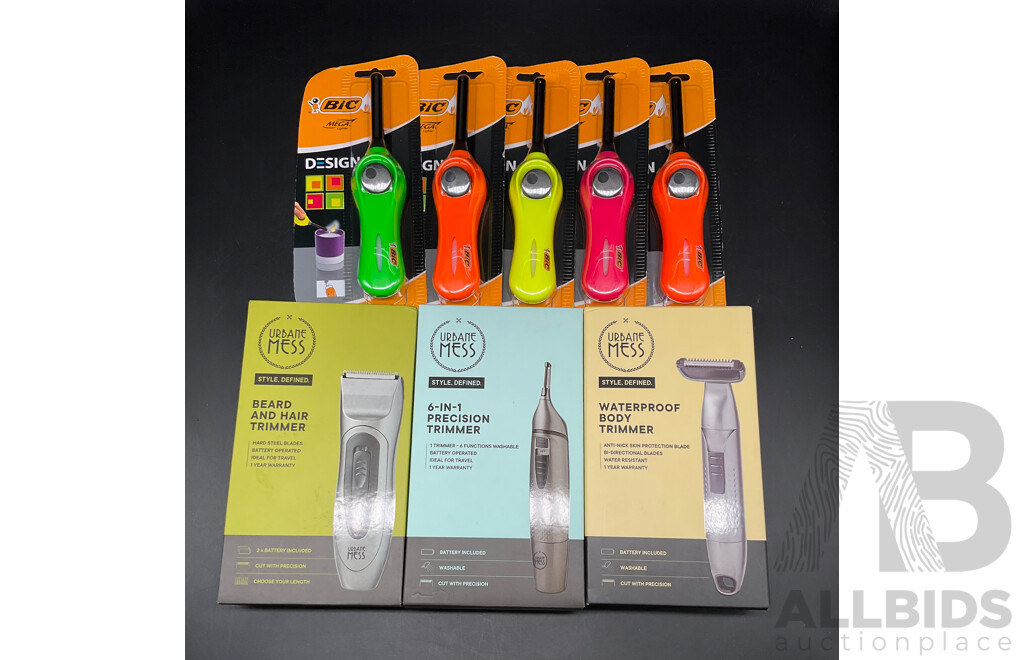 URBANE MESS 6 in 1 Precision Trimmer, Beard and Hair Trimmer, Waterproof Body Trimmer, 5x BIC Mega Lighter - Lot of 8