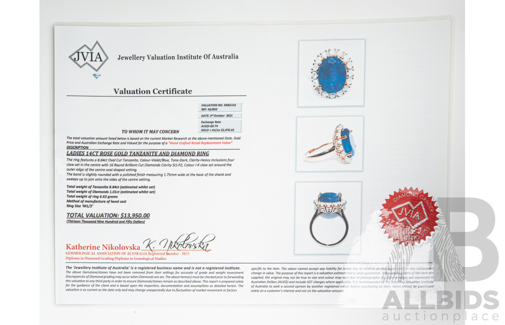 NEW - 14ct Rose Gold Tanzanite & Diamond Cocktail Ring, T10.25ct/TDW0.43ct, Size O, 7.51 Grams
