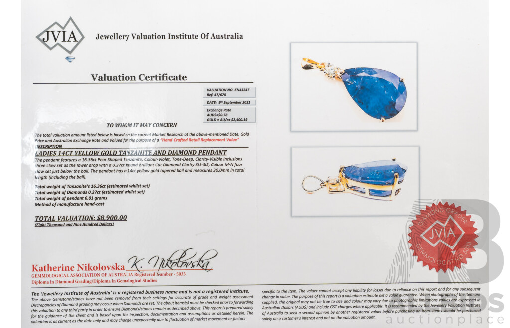 NEW - 14ct Tanzanite & Diamond Pendant, T16.36ct/TDW0.27ct, 33mm Long, 6.01 Grams