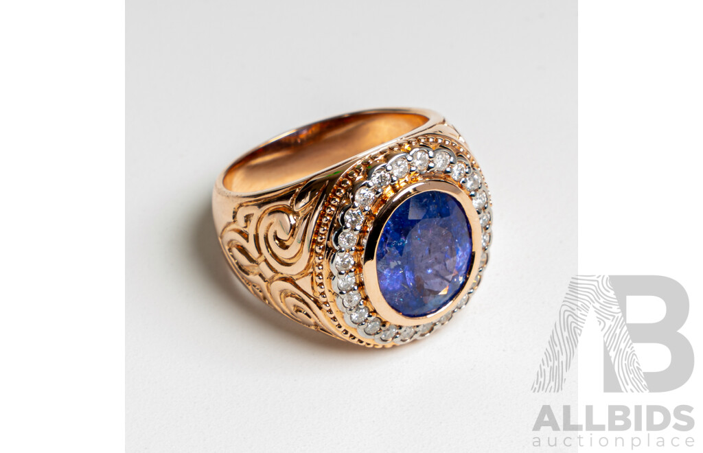 NEW - 14ct Rose Gold Tanzanite & Diamond Halo Signet Style Ring, T6.42ct/TDW0.44ct, Size Q, 12.07 Grams