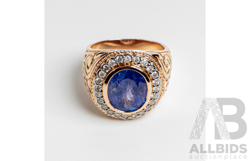 NEW - 14ct Rose Gold Tanzanite & Diamond Halo Signet Style Ring, T6.42ct/TDW0.44ct, Size Q, 12.07 Grams