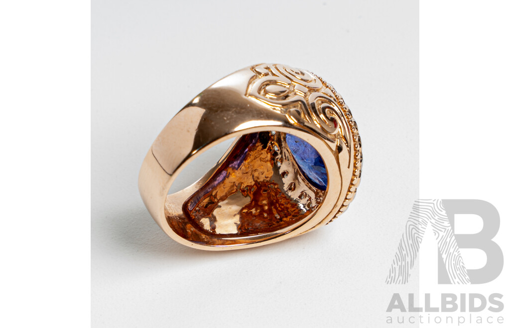 NEW - 14ct Rose Gold Tanzanite & Diamond Halo Signet Style Ring, T6.42ct/TDW0.44ct, Size Q, 12.07 Grams