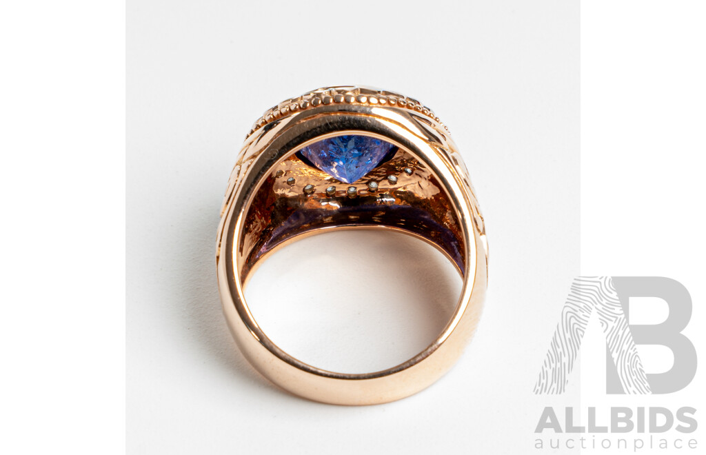 NEW - 14ct Rose Gold Tanzanite & Diamond Halo Signet Style Ring, T6.42ct/TDW0.44ct, Size Q, 12.07 Grams
