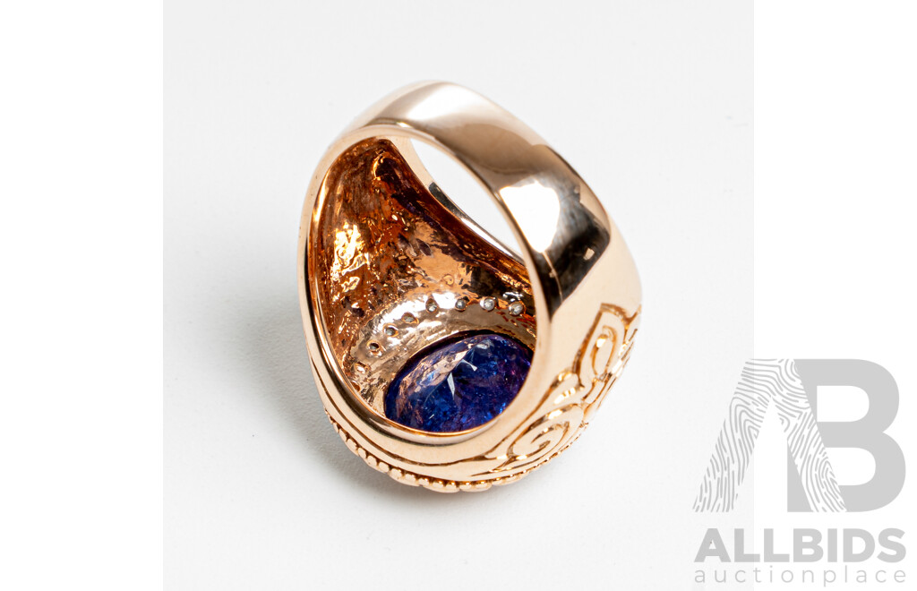 NEW - 14ct Rose Gold Tanzanite & Diamond Halo Signet Style Ring, T6.42ct/TDW0.44ct, Size Q, 12.07 Grams