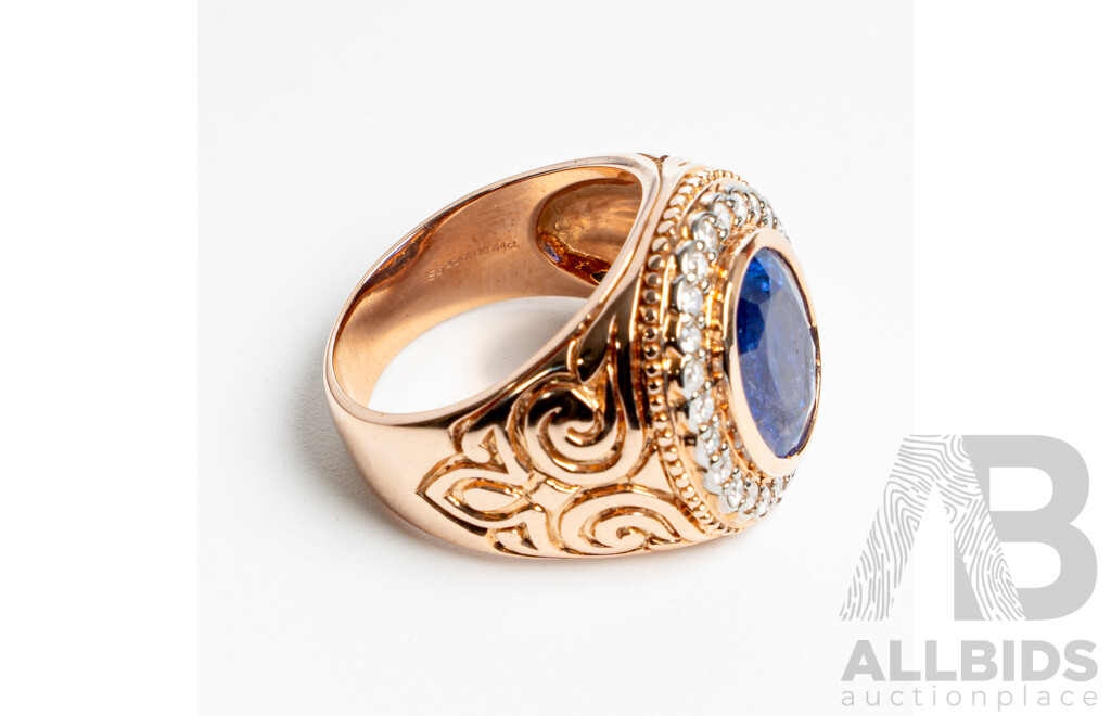 NEW - 14ct Rose Gold Tanzanite & Diamond Halo Signet Style Ring, T6.42ct/TDW0.44ct, Size Q, 12.07 Grams