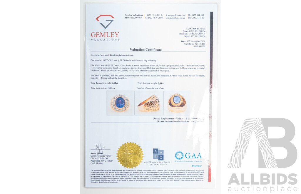 NEW - 14ct Rose Gold Tanzanite & Diamond Halo Signet Style Ring, T6.42ct/TDW0.44ct, Size Q, 12.07 Grams