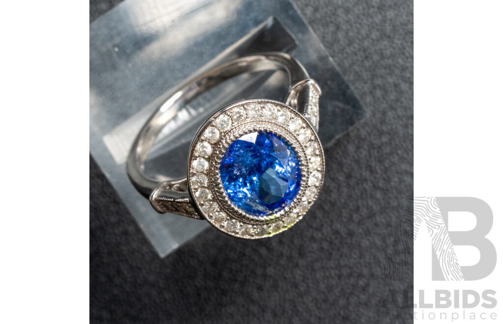 NEW - 14ct White Gold Tanzanite & Diamond Halo Ring, T2.37ct/TDW0.43ct, Size N, 4.66 Grams