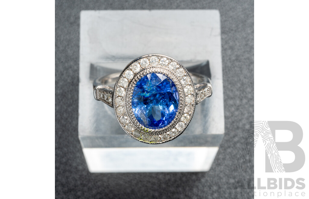 NEW - 14ct White Gold Tanzanite & Diamond Halo Ring, T2.37ct/TDW0.43ct, Size N, 4.66 Grams