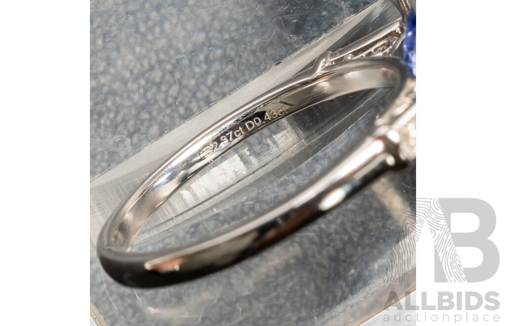 NEW - 14ct White Gold Tanzanite & Diamond Halo Ring, T2.37ct/TDW0.43ct, Size N, 4.66 Grams