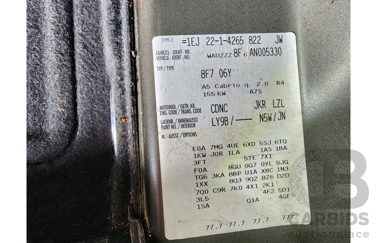 8/2009 Audi A5 2.0 TFSI Quattro 8T 2d Cabriolet Black 2.0L