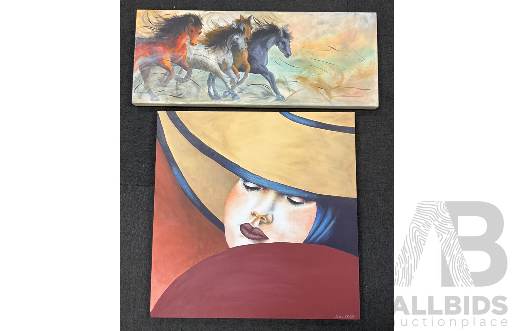 Unknow Artist, Acrylic on Canvas, 61 X 61 Cm (frame) and  30 X 76 Cm (frame) - Lot of 2