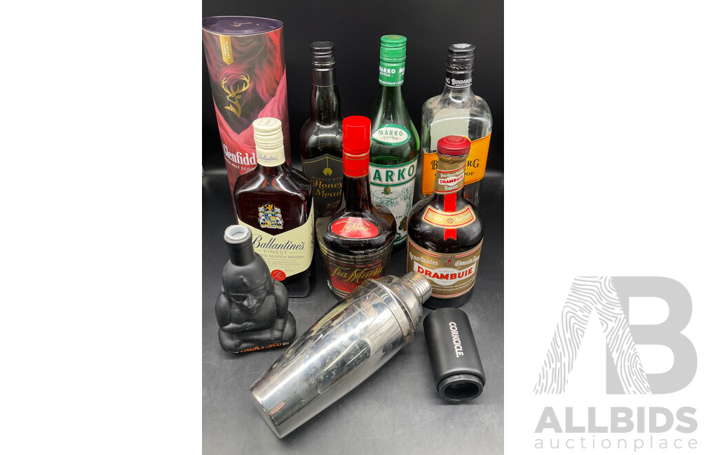 Assorted Spirits - BALLANTINES, MARKO, TIA MARIA, DRAMBUIE, GLENFIDDICH and More - ALL OPENED BOTTLES  - Lot of 10