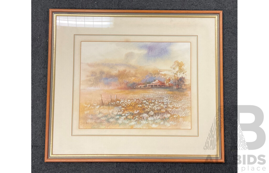 Helen Goldsmith, (1937-) 'Farmstay ', Mix Oil - Pastel and Watercolor on Paper, Glass, 50 X 57 Cm (frame)