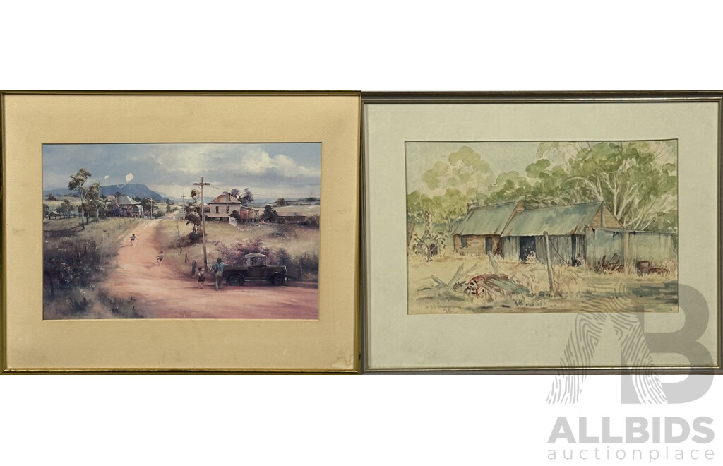 D'Arcey Doyle, Kite Flying, Print of Original Oil & Stella Coleman, Old Timer, Vintage Ink & Watercolour, 42 x 52 cm (larger frame) (2)