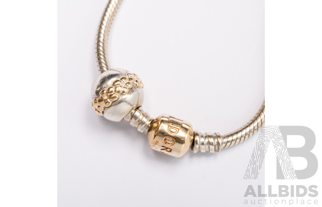 Pandora 'Moments' 14ct Gold/sterling Silver Charm Bracelet with Pandora Saturn Flower (retired) 585/925 Bead, 20.30 Grams