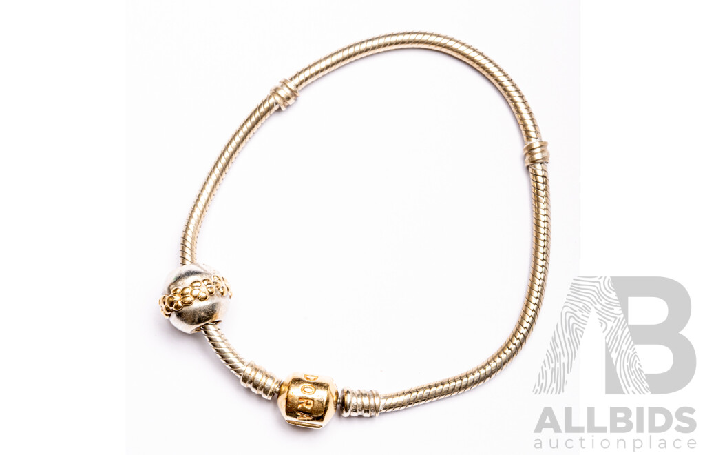 Pandora 'Moments' 14ct Gold/sterling Silver Charm Bracelet with Pandora Saturn Flower (retired) 585/925 Bead, 20.30 Grams
