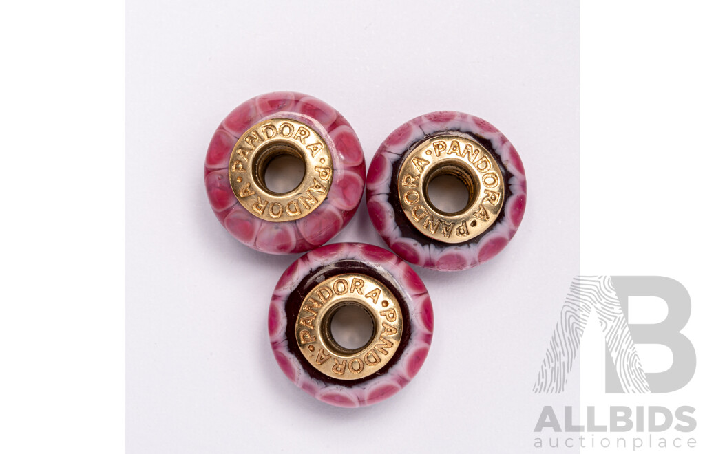 Pandora (3) Authentic Pink Lotus, Retired, 750501, 14ct Pink Murano Glass Beads, 10.84 Grams