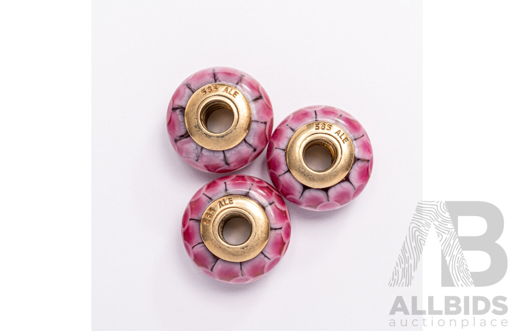 Pandora (3) Authentic Pink Lotus, Retired, 750501, 14ct Pink Murano Glass Beads, 10.84 Grams