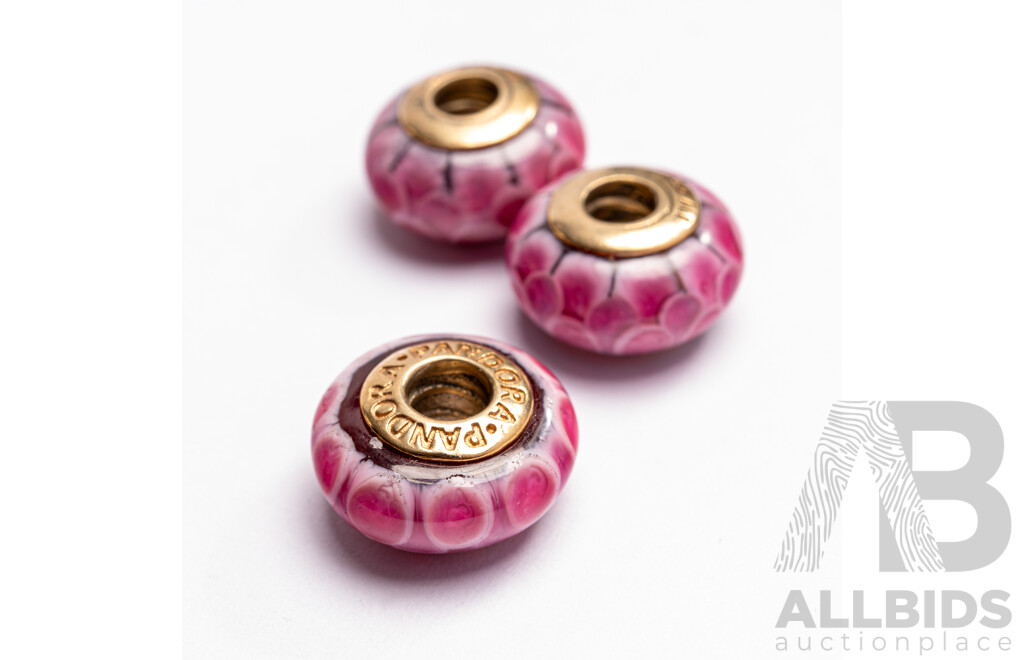 Pandora (3) Authentic Pink Lotus, Retired, 750501, 14ct Pink Murano Glass Beads, 10.84 Grams