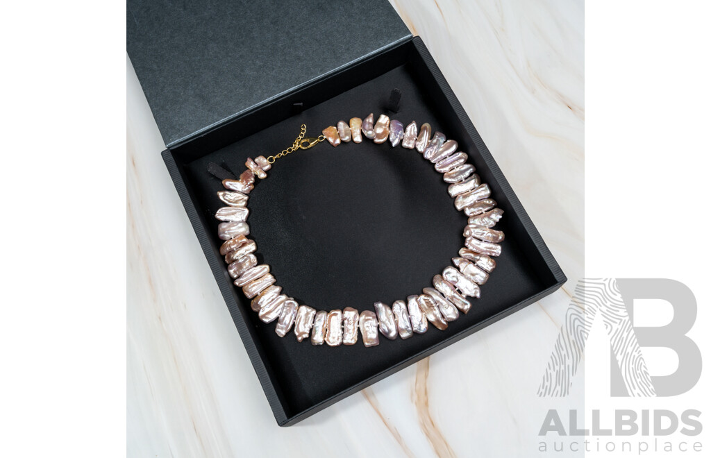 Biwa Pearl Necklace, As New in Presentation Box, 40+5cm, Hallmarked 925