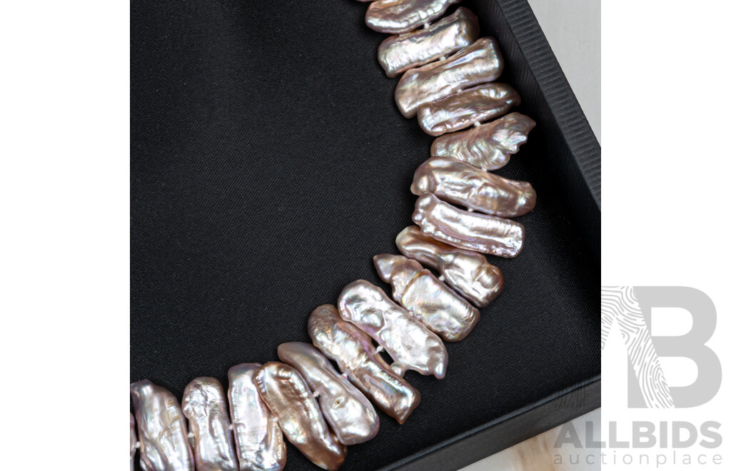 Biwa Pearl Necklace, As New in Presentation Box, 40+5cm, Hallmarked 925