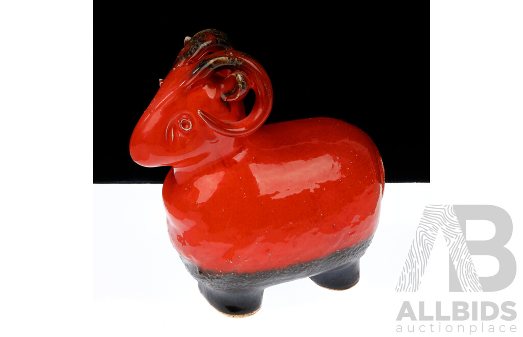 Retro Ceramic Ram Figure with Burnt Orange Glaze